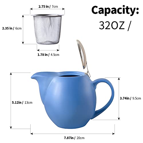 32 ounce Blue Porcelain Tea Pot