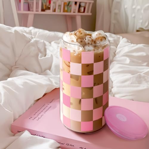 Checker 16 Oz Can Glass Tumbler with Acrylic Lid and Straw