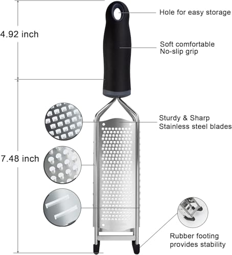 3-in-1 Lemon Zester & Cheese Grater, 304 Stainless Steel, 12-Inch, Black