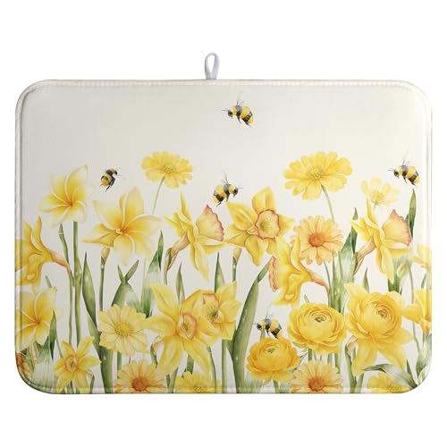 Spring Summer Daffodils Dish Drying Mats Spring Yellow Rose Dish Mat Drying Matt Floral Bee Dishes Dryer Pad for Kitchen Counter Absorbent Microfiber Washable Foldable Reusable 18x24 in