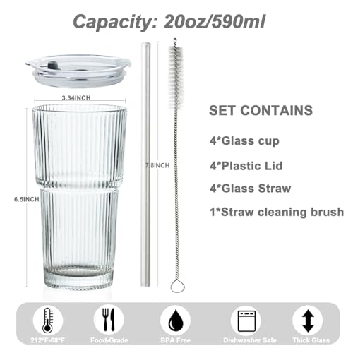 20oz Ribbed Drinking Glasses with Lids and Glass Straws