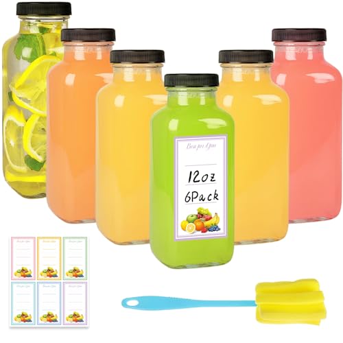 6 Pack 12oz Glass Drink Bottles with Lids