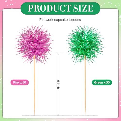 100 Pcs Pink and Green Foil Firework Witch Cupcake Toppers Party Favors Sparkle Tinsel Cake Toppers Cake Decoration Cocktail Fruit Toothpick for Birthday Wedding Graduation Party