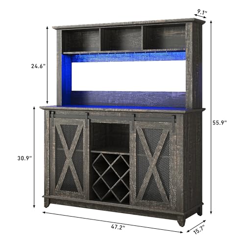 47"Wide 56"H Farmhouse Coffee Bar Cabinet with Power Outlet and LED Light
