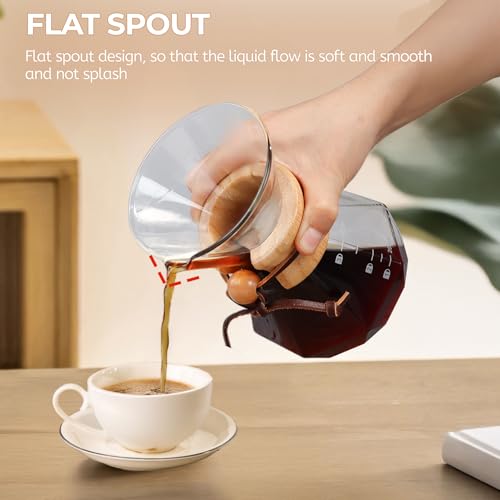 Pour Over Coffee Maker 400ml with 304 Stainless Steel Filter Wooden Collar Holder Borosilicate Glass Drip Coffeemaker Server Set Clear Hand Brew Dripper Carafe for Home Camping Travel 13.5oz