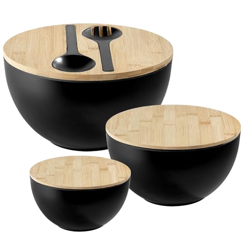 Large Salad Bowls with Bamboo Lids Set of 3