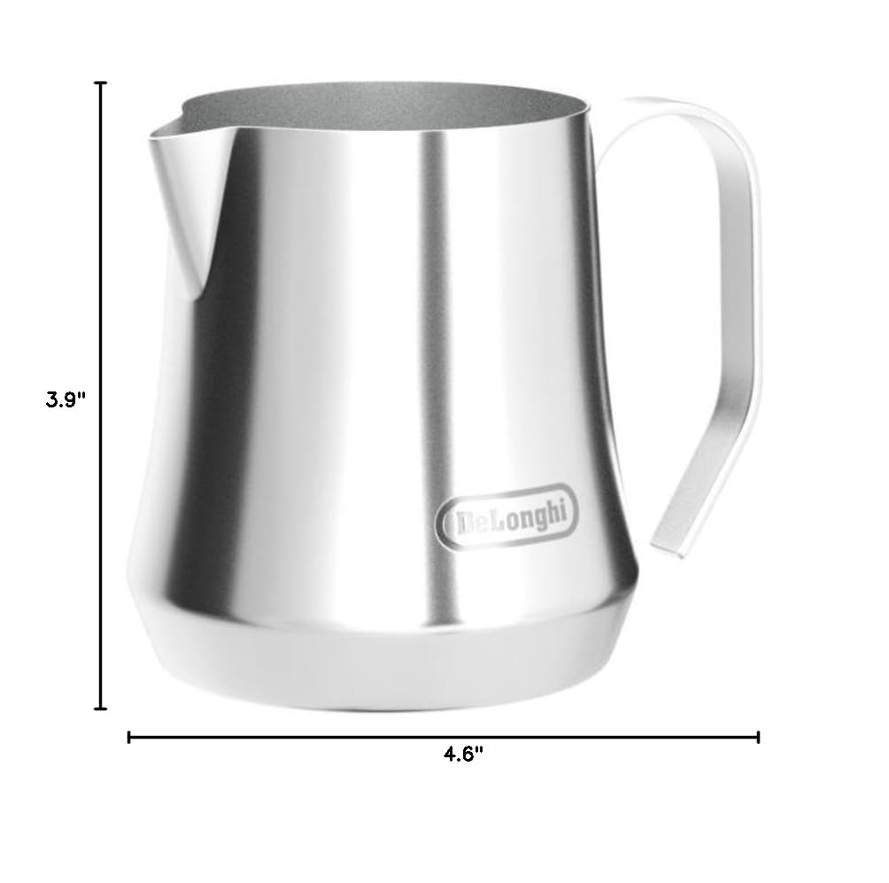 Polished steel milk pitcher for lattes and cappuccinos