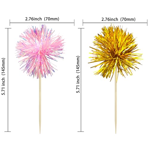30Pcs Foil Firework Cupcake Toppers Sparkle Tinsel Cake Toppers Tinsel Drink Cake Decoration Cocktail Picks for Birthday Wedding Graduation Party Supplies Gold Pink (30 Count)