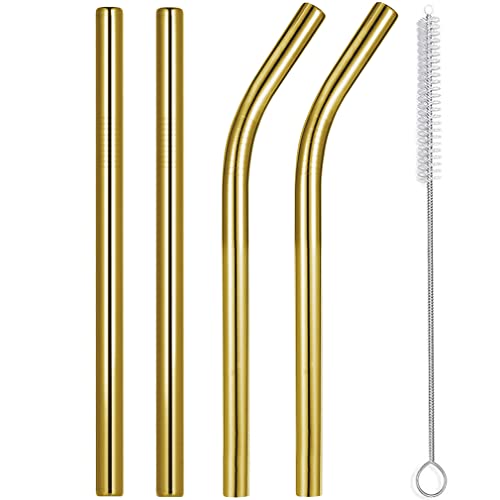 6 Pack Gold 0.4" Wide Bore Reusable Stainless Steel Smoothie Straws (4 Count)