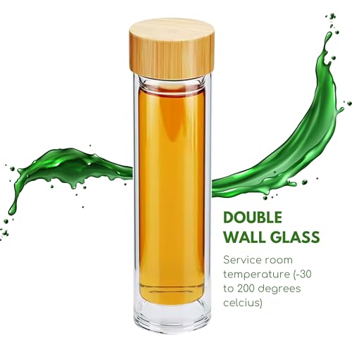 15oz Double Wall Glass Water Bottle with Bamboo Lid and Tea Infuser
