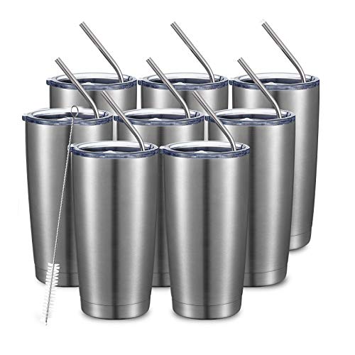 20oz Stainless Steel Tumbler Bulk Double Wall Vacuum Coffee Cup Insulated Travel Mug with Lid and Straw Durable Powder Coated Insulated Coffee Cup for Cold & Hot Drinks (8 Count)