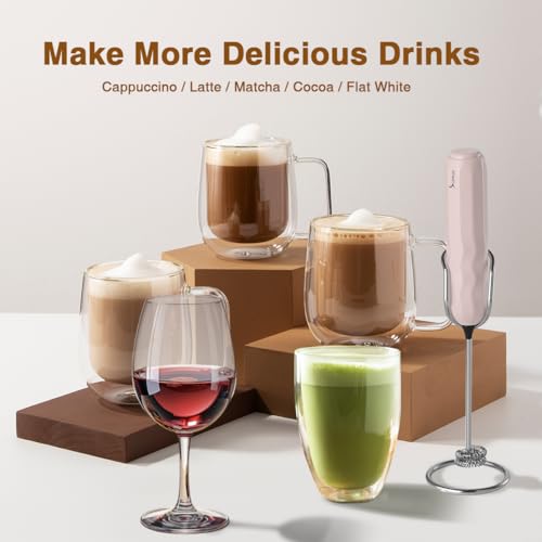Ultra Fast Handheld Milk Frother Double Whisk with Stand 2 Batteries Stainless Steel for Lattes Cappuccino Matcha Hot Chocolate Coffee Bar Accessories Kitchen Gadgets Gift