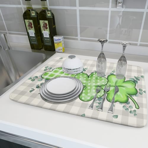 Patrick Dish Drying Mat for Kitchen Green Clovers Grey Buffalo Plaids Dish Drainer Mats 18x24inch Spring Leaf Dish Drying Rack Pad Protector for Countertop Dining Holiday Decor
