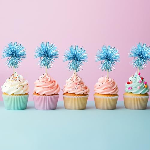 30Pcs Foil Firework Cupcake Toppers Sparkle Tinsel Cake Toppers Tinsel Drink Cake Decoration Cocktail Picks for Birthday Wedding Graduation Party Supplies Lake Blue (30 Count)