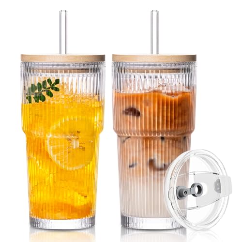 20oz Ribbed Glass Tumbler with Bamboo Lid and Straw