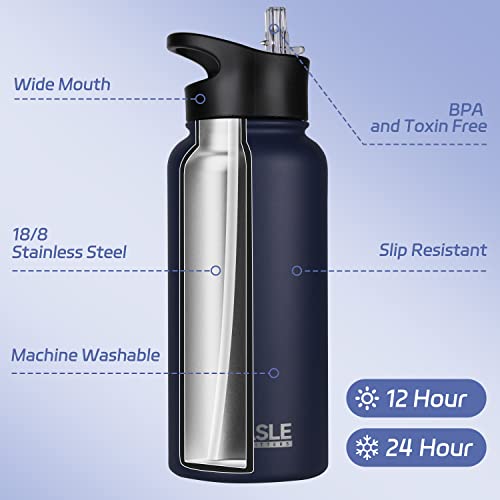 32 oz Insulated Water Bottle Stainless Steel Double Walled Vacuum Sports Water Bottle with 2 Lids