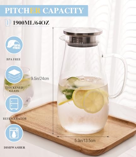 64oz Glass Borosilicate Pitcher with Lid and Handle for Fridge