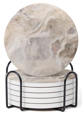 Set of 6 Abstract Marble Coasters with Holder (6 Count)