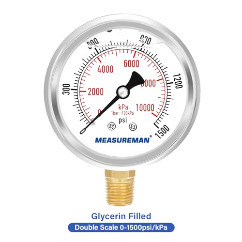 2-1/2" Dial Size, Glycerin Filled Pressure Gauge, 0-1500psi/kpa, 304 Stainless Steel Case, 1/4" NPT Lower Mount