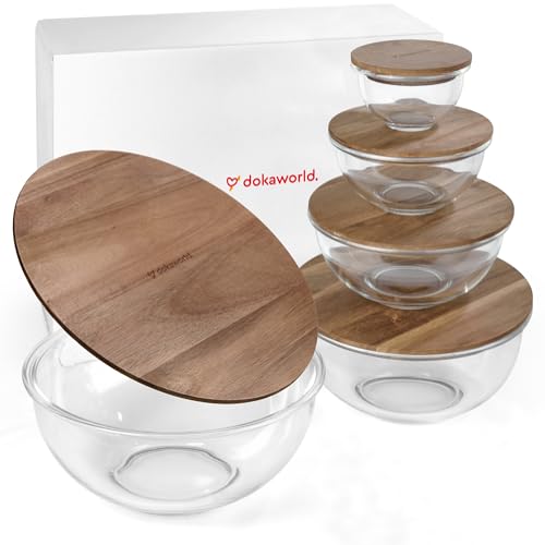Stackable Glass Mixing Bowls with Acacia Lids Set of 5