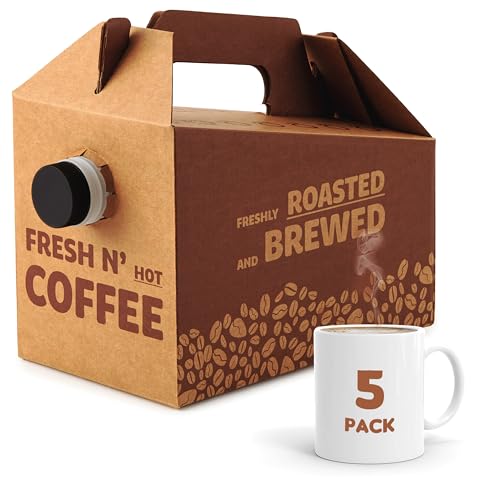 5 Pack) 96 oz Disposable Coffee Box Dispensers, Insulated Hot Cold Bulk Beverage Server Carafe, Coffee Carrier with Handle Take Out Containers, Cardboard Traveler To Go Boxes (5 Count)