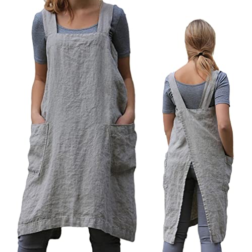 Pinafore Cross Back Apron for Women with Pockets