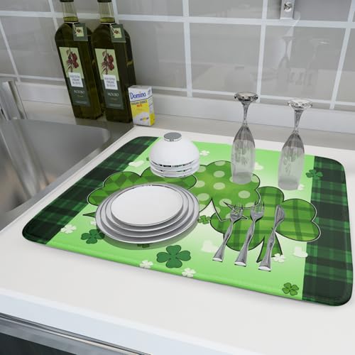 St Patricks Day Shamrocks Lucky Clovers Dish Drying Mat for Kitchen Counter St Patrick's Day Decorative Drying Pad 18x24 Inch Irish Green Buffalo Check Plaid Drying Dish Mats for Countertop Coffee Bar