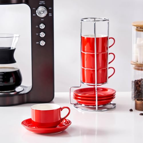 2.5 Ounce Stackable Espresso Cups with Saucers and Metal Stand (4 Count)
