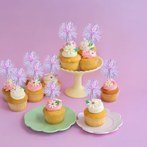 30Pcs Foil Firework Cupcake Toppers Sparkle Tinsel Cake Toppers Tinsel Drink Cake Decoration Cocktail Picks for Birthday Wedding Graduation Party Supplies Laser Purple (30 Count)