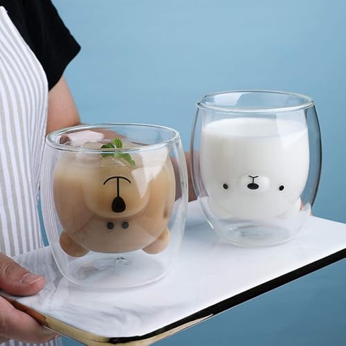 Cute Mugs Double Wall Glass Coffee Glass Cup Kawaii Bear Tea Milk Cup Funny Mug Animal Mug Aesthetic Cup for Office and Personal Birthday Gift