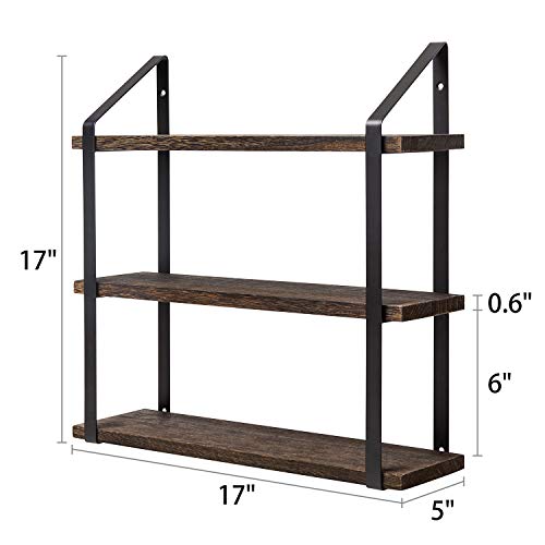 Floating Wall Shelves 3 Tier 17 Inch Rustic Hanging Shelf with Metal Bracket Wall Mount Wood Storage Display Shelves for Living Room Bathroom Bedroom Kitchen Office