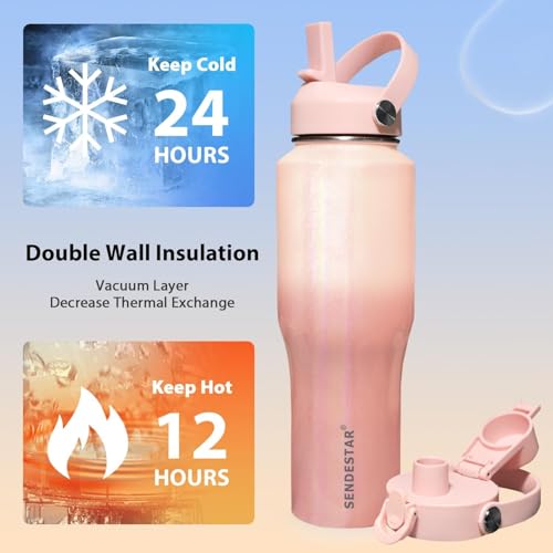32oz Water Bottle Wide Mouth Stainless Steel Vacuum Insulated Double Wall with 2 Straw Lids Fit in Any Car Cup Holder