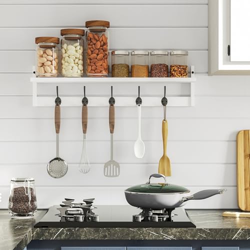 Wall Mounted Wood Shelf with 5 Dual Hooks for Bathroom