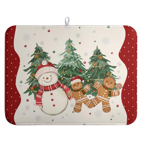 Winter Snowman Red Dish Drying Mats Christmas Gingerbread Man Dish Mat Drying Matt Xmas Tree Dishes Dryer Pad For Kitchen Counter Absorbent Microfiber Washable Foldable Reusable 18x24 In