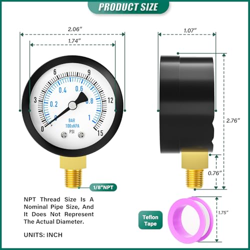 0 15PSI Well Pump Pressure Gauge 2" Dial Size