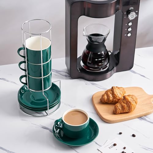 8 Ounce Stackable Cappuccino Cups with Saucers and Metal Stand (4 Count)