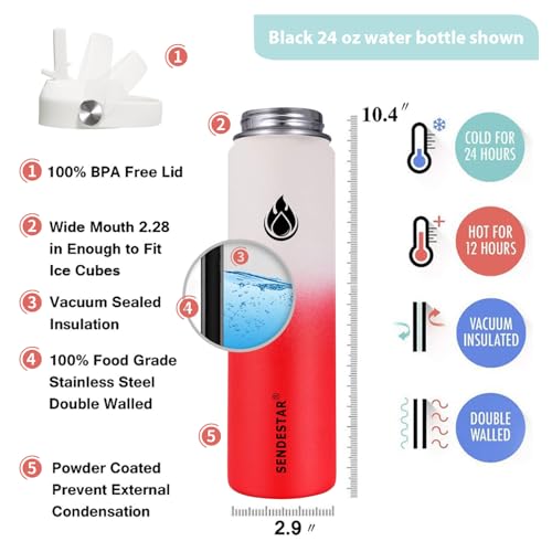 Stainless Steel Wide Mouth Water Bottle 24oz Double Wall Vacuum Insulated Leak Proof Bottle with New Flex Straw Lid & Spout Lid