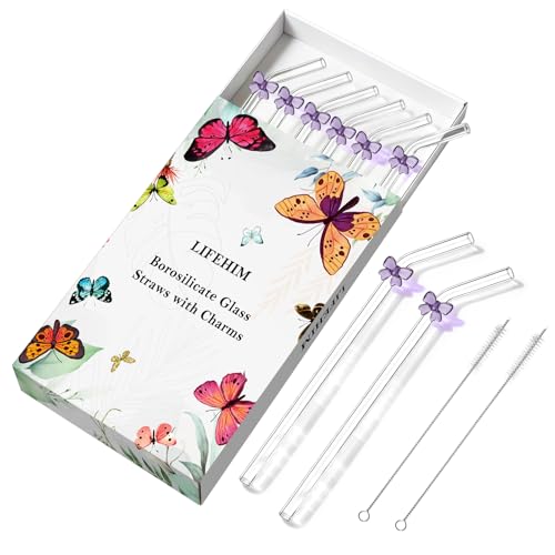 8pack Purple Bow Glass Straws with Charms (8 Count)