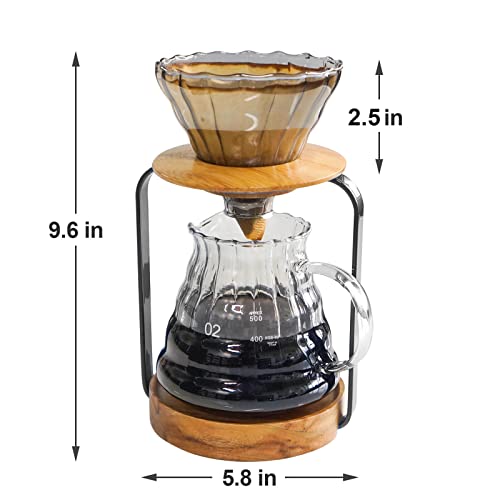 Pour Over Coffee Station Dripper Stand Coffee Filter Wooden Filter Holder Glass Server with Paper Coffee Filters