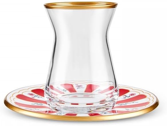 KARACA Bursa 12-Piece Turkish Tea Glass & Saucer Set 132 ml – Red Glass Tea Set for 6 People