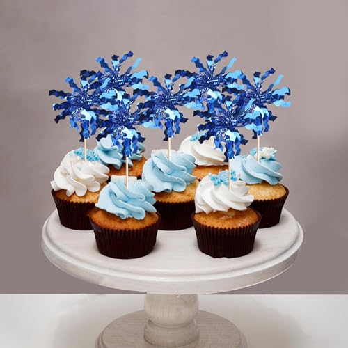 30 PCS Foil Firework Cupcake Toppers Sparkle Tinsel Cupcake Picks Happy Birthday Cake Toppers Drink Stirrers Cocktail Fruit Toothpicks for Baby Shower Birthday Party Decorations Supplies Dark Blue (30 Count)