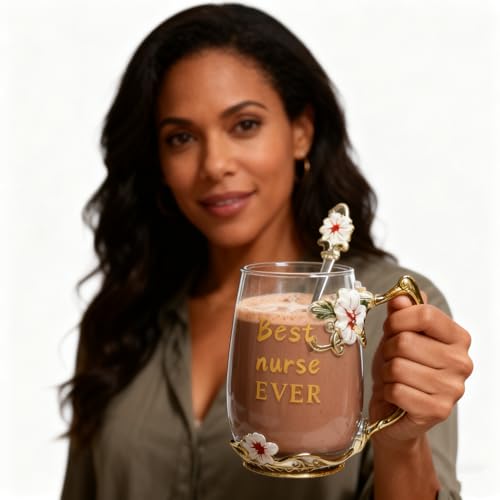 National Nurses Day Flower Glass Cup with Unique Flower Printing and Spoon