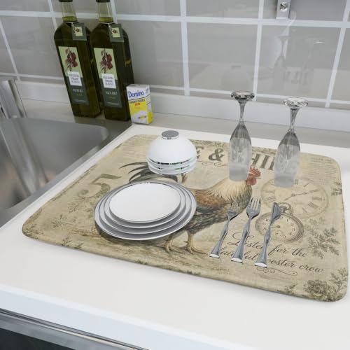 Farmhouse Rooster Dish Drying Mat 18 x 24 Inch with Hanging Loop High Absorbent Reversible Microfiber Dish Drying Pad Drainer Mat for Kitchen Counter Coffee Bar