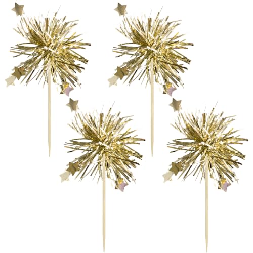 30Pcs Foil Firework Cupcake Toppers Sparkle Tinsel Cake Toppers Tinsel Drink Cake Decoration Cocktail Picks for Halloween Birthday Wedding Graduation Party Supplies Light Gold Star (30 Count)
