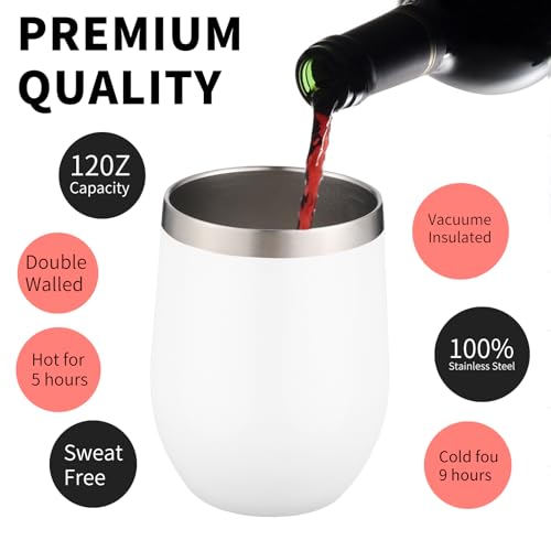 12oz 4 Pack Wine Tumbler Glasses with Lid Stemless Double Wall Vacuum Stainless Steel Travel Tumbler Keeping Cold & Hot for Wine