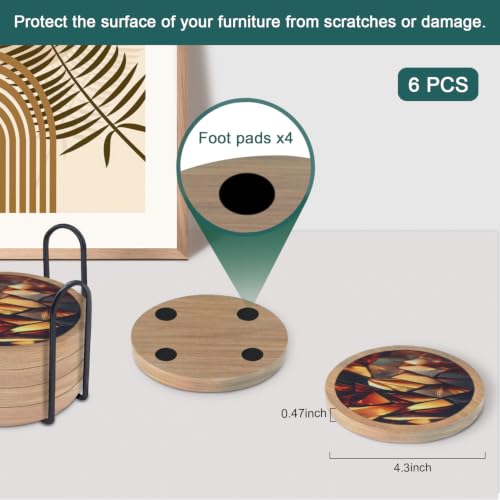 6 Pack Absorbent Coasters Set with Holder Wood Coasters for Drinks Housewarming Gifts for Home Decoration Cup Coasters for Coffee Tabletop Protection 4.3 Inch