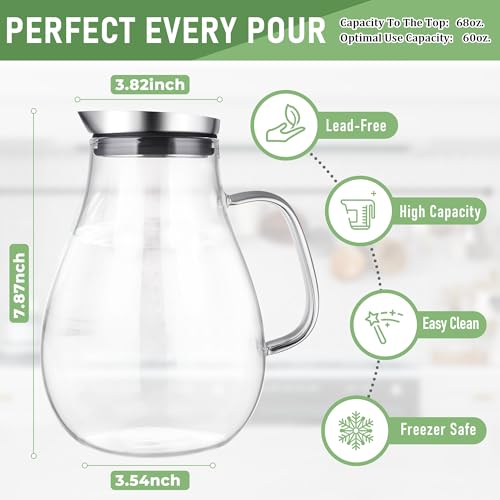 2 Liter 68oz Glass Pitcher with Lid and Handle
