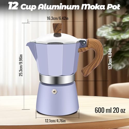 12 Cup Aluminum Moka Pot Classic Stovetop Espresso Coffee Maker 600ml 20oz Coffeemaker Percolator Mocha Pot Greca Coffee Maker Cafe Makers for Italian and Cuban Café Brewing Purple