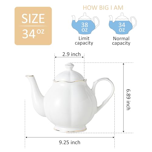 34oz White Porcelain Teapot with Gold Trim