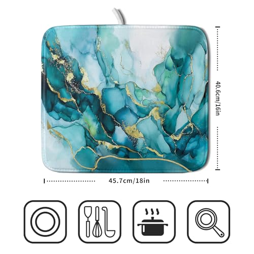 Teal Marble Dish Drying Mat Turquoise Blue Marbling Print Dish Drainer Mats 16"x18" Modern Granite Microfiber Reversible Dish Drying Rack Pad Protector for Kitchen Countertop Decor